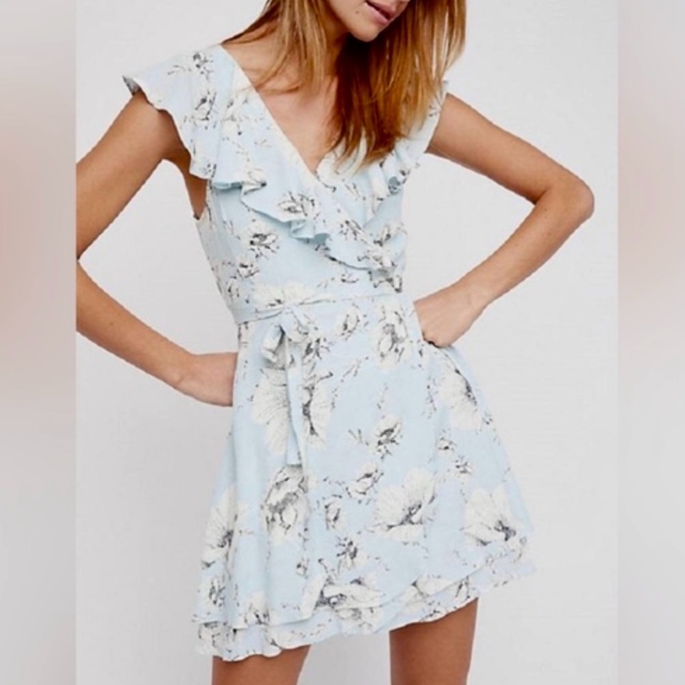 Free People French Quarter Mini Wrap Dress Baby Blue Floral Size XS